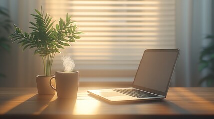 Laptop, coffee, and plants on a sunny desk