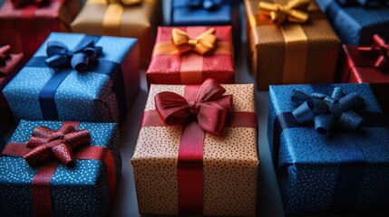 Colorful wrapped gift boxes with decorative bows arranged neatly on a surface, creating a festive atmosphere