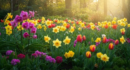 Spring garden blooms, vibrant colors