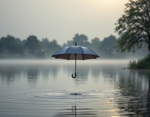 Tranquil scene featuring floating umbrella above calm lake, surrounded by misty trees and gentle rain. atmosphere evokes sense of peace and solitude