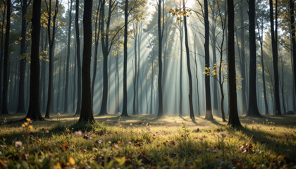 Fototapeta premium Serene scene unfolds with gentle sunlight filtering through tall trees, casting soft shadows on forest floor. atmosphere is tranquil and inviting, perfect for peaceful retreat