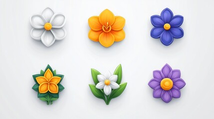 Naklejka premium Six various decorative flower icons on a white surface for app interface or game