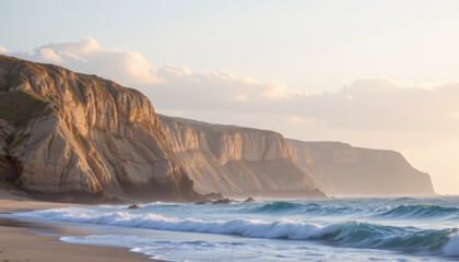 Breathtaking coastal landscape showcasing rugged cliffs bathed in warm sunlight, with gentle waves lapping at sandy shore. serene atmosphere invites tranquility and reflection