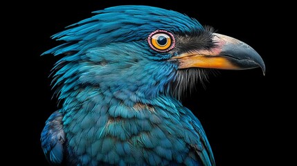 Fototapeta premium Close-up of a Vibrant Blue Bird on black background