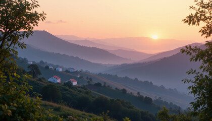 Breathtaking landscape showcasing rolling hills and distant mountains at sunrise, with soft pastel colors illuminating sky and serene atmosphere enveloping quaint houses nestled in valley