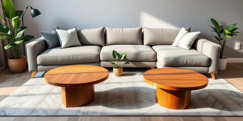 Grey corner sofa, two wooden coffee tables, potted plant, stylish living room, hygge, house
