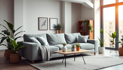 Grey sofa, potted plants, bright loft living room, cozy carpet, atmosphere, natural