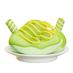 Delicious pistachio doughnuts with yellow topping and straws on white plate, transparent background