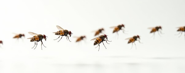 Group of houseflies hovering in mid-air against white backdrop, green, bug