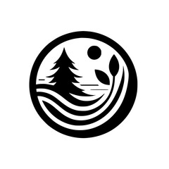 Minimalist Nature Logo: Pine Tree, Leaves, Circle, Black and White