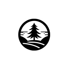 Minimalist Circle Logo: Pine Tree Landscape in Black & White