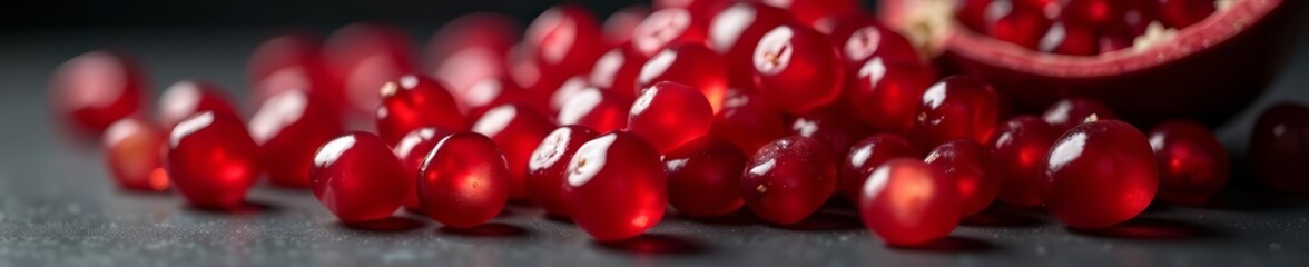 Juicy pomegranate seeds glistening in natural light, overflowed on dark background, food, freshness