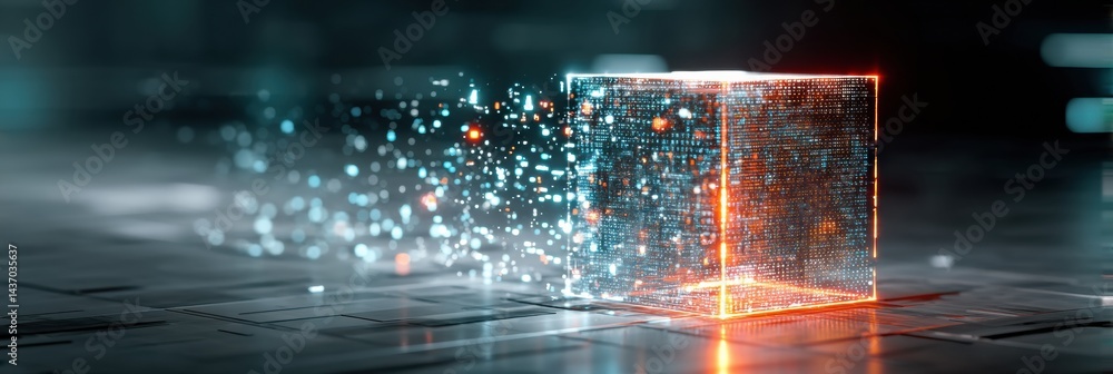 Poster Floating Cube With Rotating AI Icons and Digital Code Over a Futuristic Background at a Tech-Inspired Setting