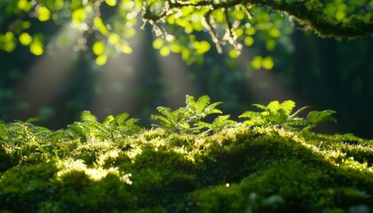 Sunlight filtering through forest canopy, illuminating moss and ferns