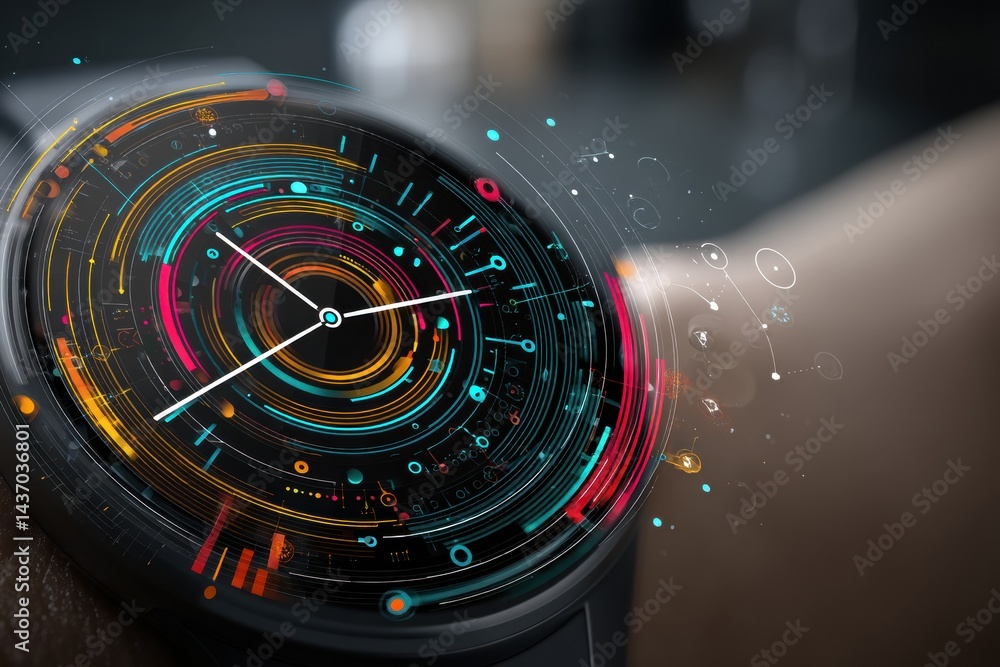 Poster Futuristic Smartwatch Interface Concept Showcasing Colorful Motion UI Elements on a Modern Wrist at a Tech Exhibit
