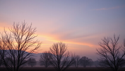 Serene landscape features silhouetted trees against pastel sky at dawn, with soft hues of pink and orange blending into horizon, creating tranquil atmosphere