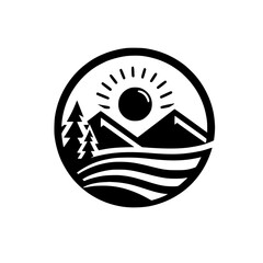 Black & White Minimalist Landscape Logo: Mountains, Sun & Trees
