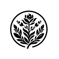 Elegant Black & White Floral Emblem in a Circle - Minimalist Design
