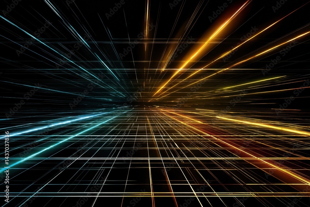 Poster Futuristic Digital Grid With Neon Lines Creating a Vanishing Point Perspective in a Dark Environment