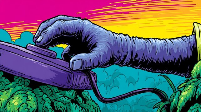 A cartoon hand reaches for a purple computer mouse, set against a sunset sky and green foliage