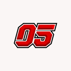 A bold and dynamic vector illustration of the number 05 in a racing style. The numbers are predominantly red with a black and white outline, suggesting speed and competition.