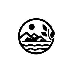 Minimalist Nature Logo: Mountains, Sun, Leaves in Circle