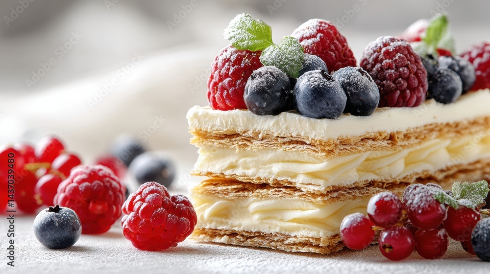 Poster delightful mille-feuille slice with creamy layers topped with fresh berries displayed on a soft surf