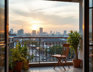 Fototapeta premium Serene balcony view showcasing wooden chair and potted plants, overlooking city skyline at sunset. warm hues of sky create peaceful atmosphere, inviting relaxation and contemplation