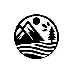 Minimalist Nature Logo: Mountain, Tree, Sun, and Water in Circle