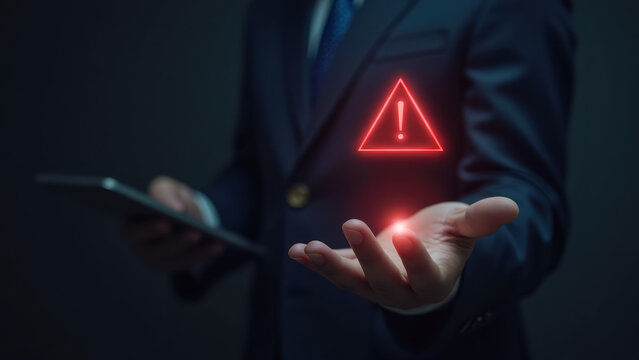 Businessman Holding Warning Symbol with Tablet in a Dark Environment, Caution Concept