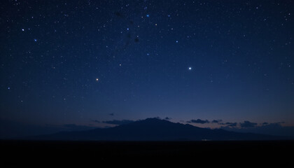 Breathtaking night sky filled with countless stars twinkling against deep blue backdrop, with silhouette of mountain range in foreground. serene atmosphere evokes sense of wonder and tranquility