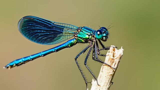 Vibrant blue dragonfly perched on twig