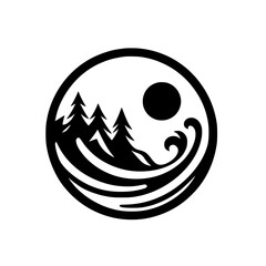 Yin Yang Nature Icon: Trees, Sun, Waves, Circular Design