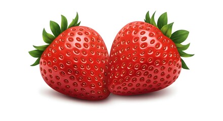 A close up view of two vibrant red strawberries with green leaves on a plain white background space