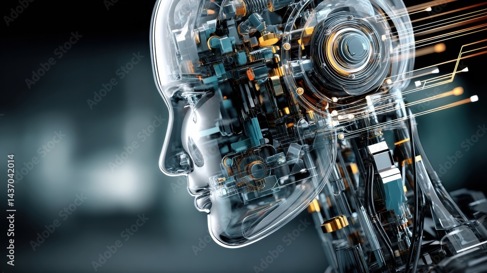 Leinwandbilder Futuristic Robot Head Featuring Transparent Casing That Reveals Complex AI Core With Interconnected Circuits and Glowing Elements