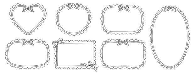 Black border frames with bow and lace. Empty frames illustrations different forms. Set of pretty borders