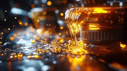 Golden liquid pours from a bottle, splashing on a dark surface