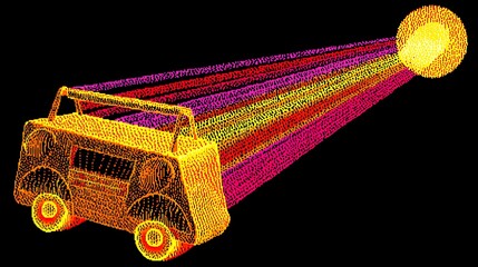 Naklejka premium A stylized, cartoon-like cassette player emitting sound waves as multicolored lines against a black background