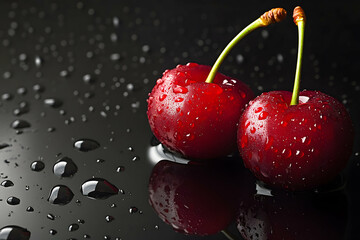 Hyper Detailed Cherries with Water Droplets on Black Surface