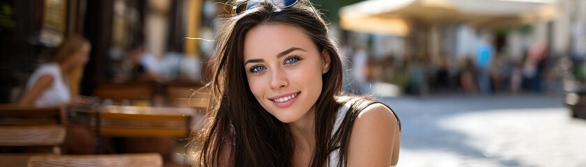 Obraz premium A young woman with long hair smiles outdoors at a sunny cafe, with blurred people and tables in the background.