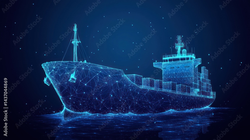Poster digital ocean freighter concept with interconnected nodes and shimmering water