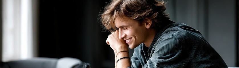 Fototapeta premium A young man with brown hair sits indoors, smiling and looking down, appearing thoughtful and content.