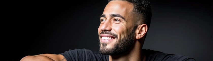 A man with a beard smiles brightly, looking off-camera against a dark background.