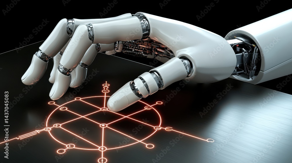 Poster futuristic robotic hand manipulating arcane symbols in a sci-fi laboratory hyperrealistic digital ar