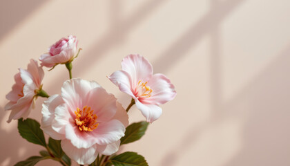 Obraz premium Beautiful arrangement of soft pink flowers with delicate petals and vibrant orange centers, set against light background, creating serene and calming atmosphere