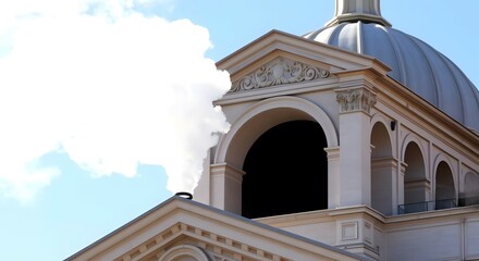 old church steeple, White smoke rises from the chapel chimney, indicating the successful election of a new pope during the papal conclave.
