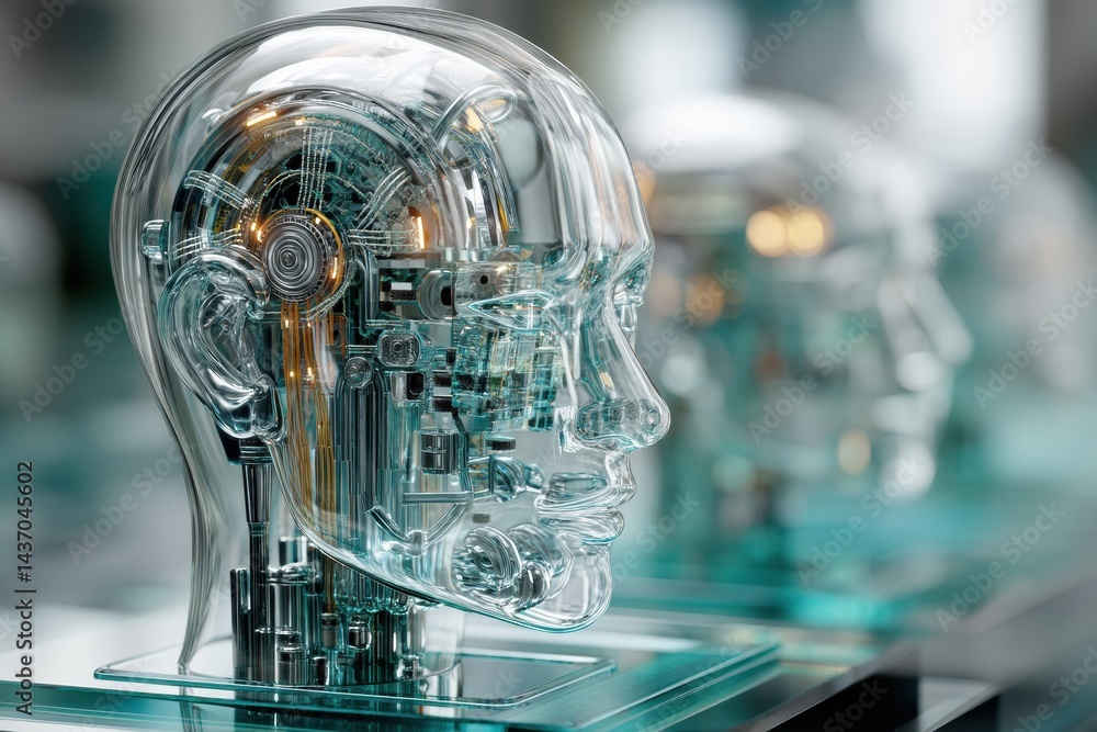 Poster Futuristic Robot Head Reveals Complex AI Core Through Transparent Casing in Advanced Technology Showcase