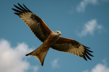 Obraz premium Majestic red kite soaring in clear blue sky with cloud background