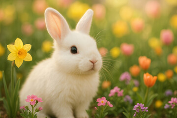 Fototapeta premium Adorable white rabbit in a flower filled meadow on a sunny day