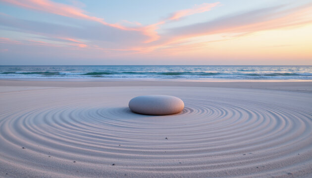 Serene beach scene featuring smooth stone placed in center of concentric sand patterns, with gentle waves and colorful sunset in background, evoking tranquility and calmness